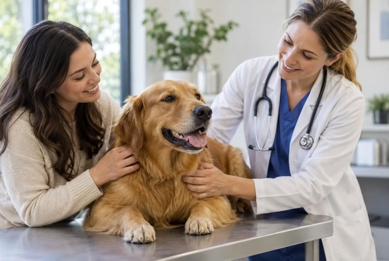 Owner and veterinarian beside a dog in an examination room