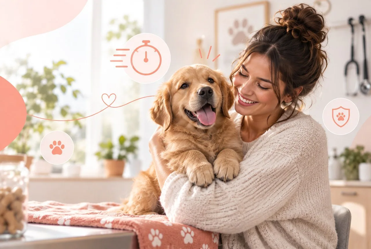 Owner holding a calm dog, with abstract medical and timing graphics